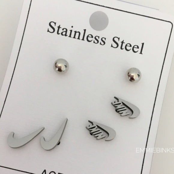 New Minimalist Nike Swoosh Silver Stainless Steel Earrings ~ Nike Stud Earrings - Picture 6 of 11